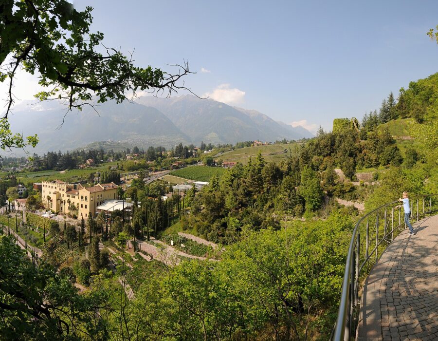 Panoramic view over the gardens of Trauttmansdorff Castle near Merano