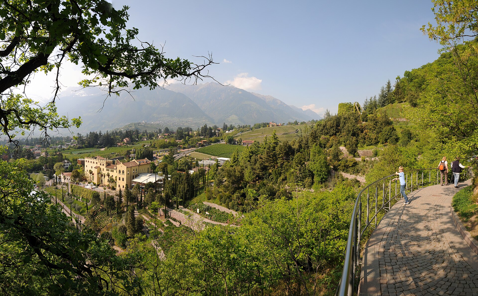 Panoramic view over the gardens of Trauttmansdorff Castle near Merano